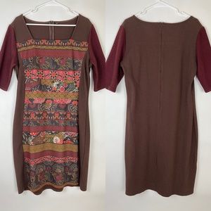 Smash! 1/2 sleeve dress in browns and reds. Multi-fabric textures L